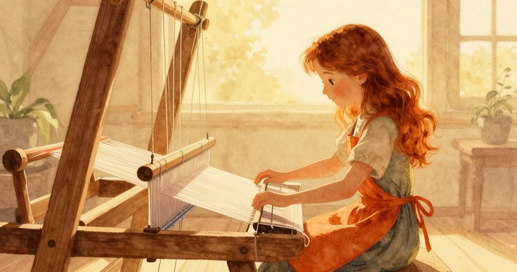 艾絲美在清晨微光中操作織布機, 按下腳踏, 室內溫暖明亮, 表情專注, 敘事剛開始展開