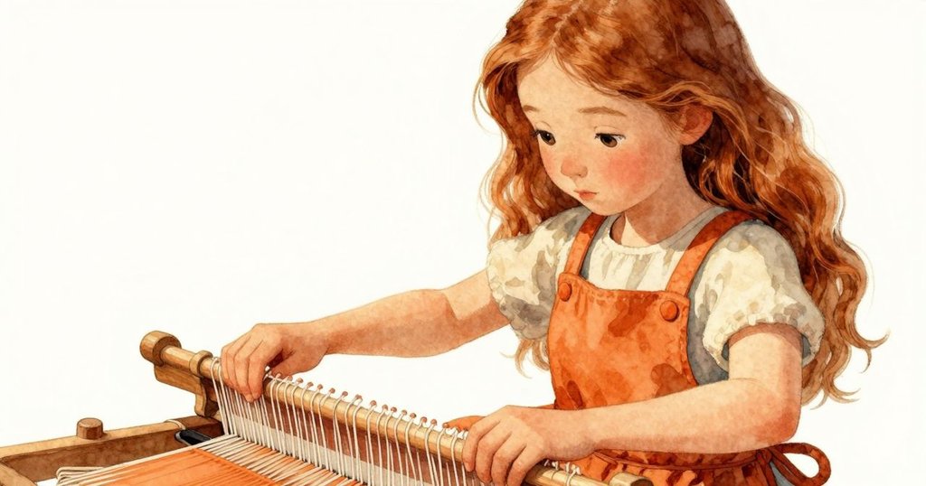 艾絲美專注注視織布機, 手中輕推機梭, 面部表情堅定, 細膩紗線背景, 敘事進入發展階段