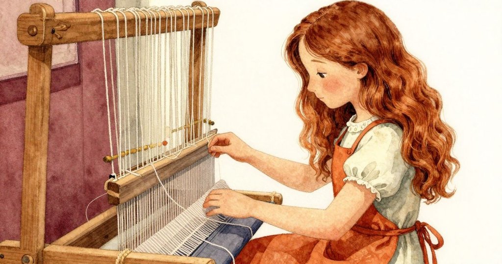 艾絲美在編織過程中發現毛線纏繞, 手勢停留檢查編織錯誤, 傾斜視角呈現細節, 敘事進入轉折點