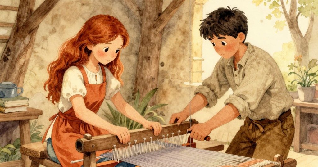 拉弗瑞提攜帶紗線進入, 手調整機橫樑, 艾絲美靜觀現場, 室內暖光襯托出協作情緒