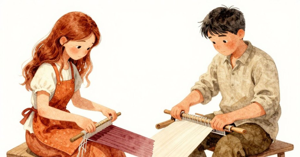 艾絲美與拉弗瑞提協同修補編織, 動作協調且平和, 條理整齊工具襯托團隊合作, 故事進入高潮