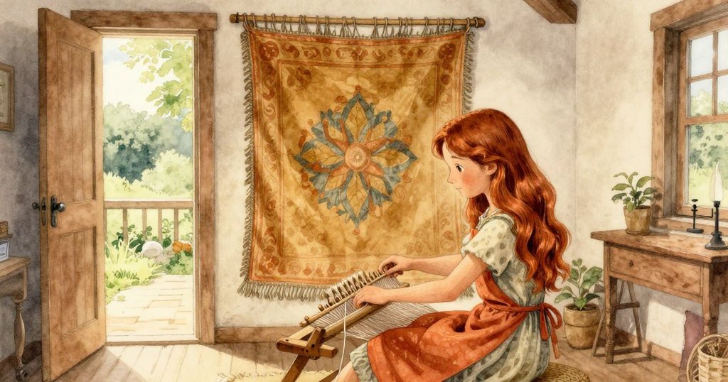 艾絲美平靜操作機梭, 將機梭歸位繼續前行, 織布機呈現和諧紋理, 未來旅程暗示延續