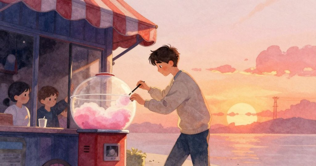 Max操作棉花糖機，在條紋天幕下夕陽餘暉映照，充滿動感與神秘氣氛，初始情境展開。