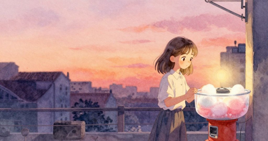 June注視棉花糖機，輕觸銀色細節，背景留白突顯她沈思神情與安靜都市氛圍。