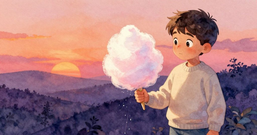 從高角度看Max操作棉花糖機，其手輕觸傾斜，糖絲滑落，展現專注與一絲憂慮的情緒。