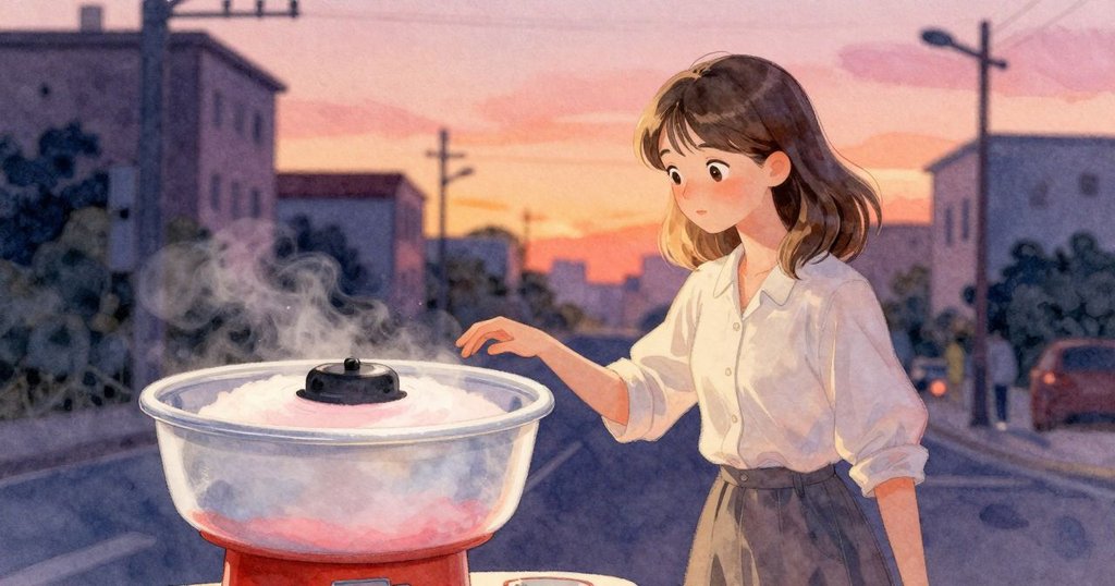 June輕觸機器銀色紋路，晚風吹拂棉花糖絲，呈現柔和季節氛圍，都市背景靜謐動人。