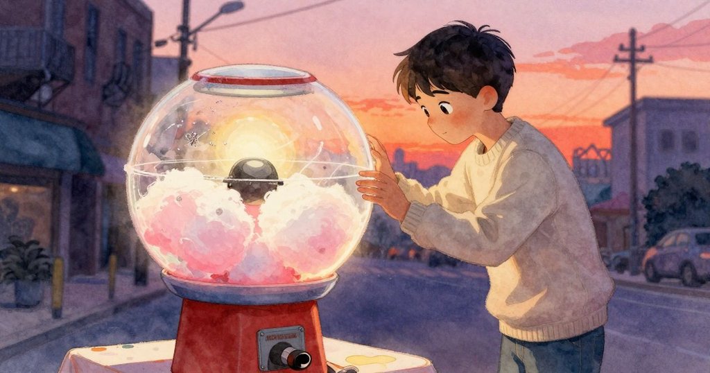 Max輕敲棉花糖機銹痕邊緣，隨著敲擊糖絲飄散，呈現行動與反應交織的微妙時刻。