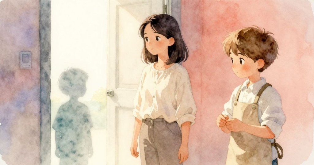 昆恩站在門口，靜靜觀察巴瑟爾壓印，溫暖晨光映照下，兩人動作鮮明，展現故事開端情境