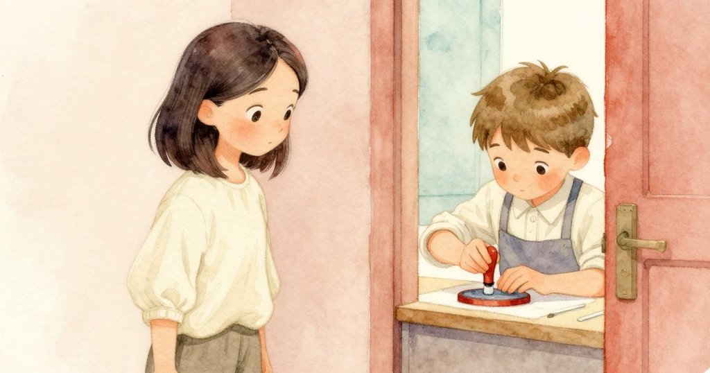 透過微開的門縫，昆恩靜靜觀察巴瑟爾調整工具，室內柔和光影下展現專注與細膩互動