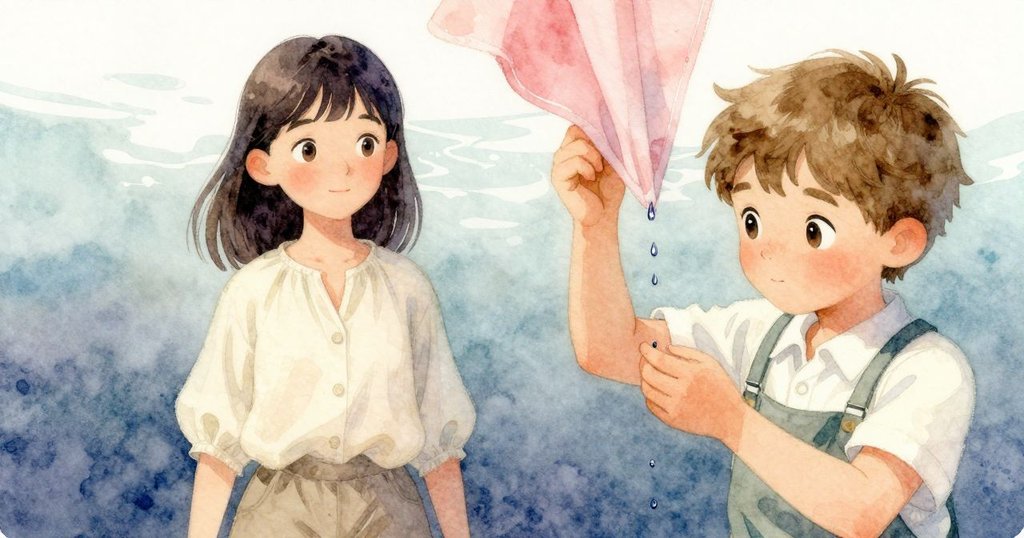 細緻近拍中，深藍染布邊緣垂落的水滴如小河般閃耀，溫柔光線映出水面般柔美質感