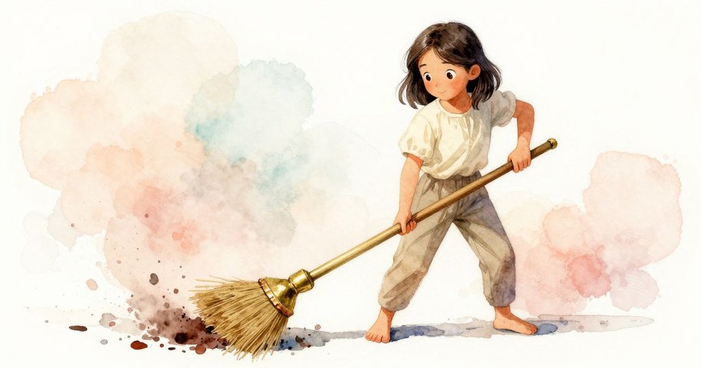 昆恩專注操作，雙手撐住沉重銅塊並用掃帚整理散落蠟屑及棉絮，室內石地面呈現細膩動作連動