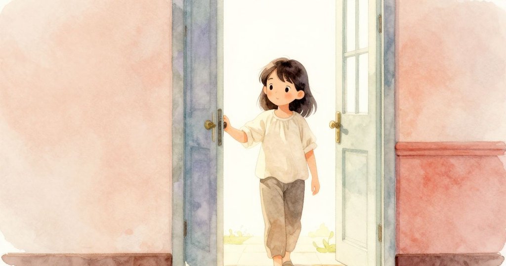 昆恩靠著桌腳放下掃帚，於開放門前停步告別充滿創意的工作室，溫馨柔和光線中流露淡淡感慨