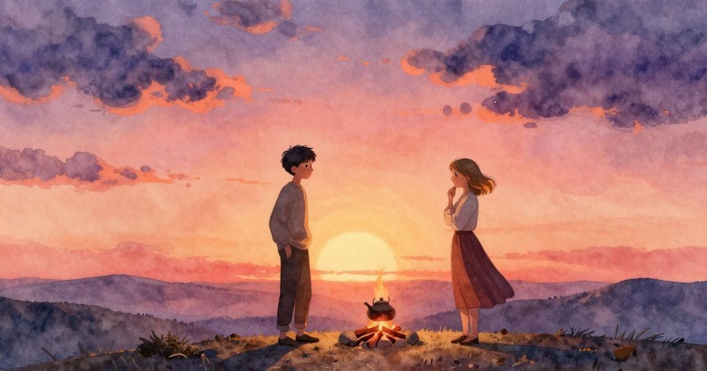 在夕陽映照的山脊上，Ives正將銅水壺擺置於石間，Britt坐在對面，營火溫暖明亮，呈現出期待與寧靜氛圍。