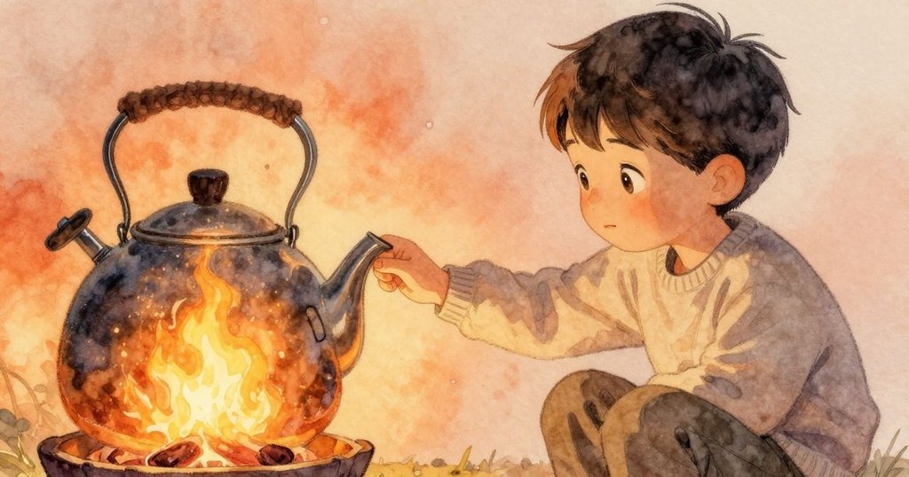 Ives聚精會神地用手輕觸水壺握把上的凹槽，臉上映出溫暖火光，充滿沉思和回憶情感。