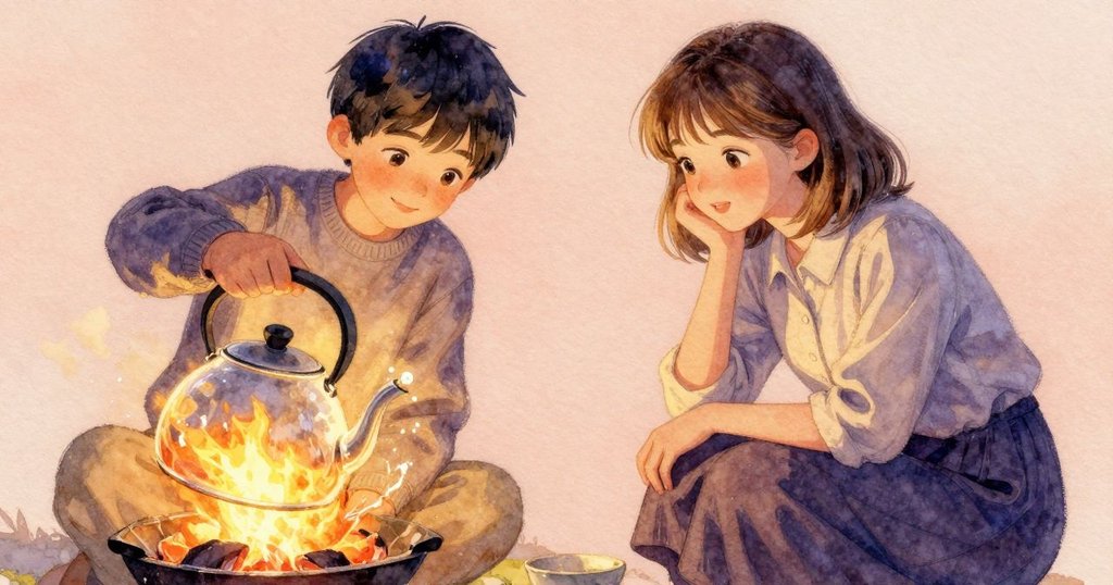 從Ives視角看去，銅水壺在火光中閃爍，一滴水落在炭火上發出細微嘶鳴，充滿驚喜與動態美感。