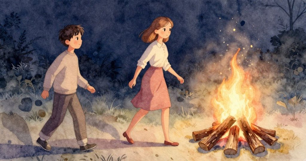 夜色漸深，Ives離開營火圈，朝柴火堆走去，Britt在一旁靜默注視，透露轉折與期盼之感。