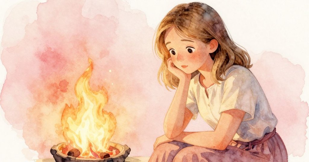 Britt側臉特寫，手輕觸水壺，表情流露出掙扎與溫柔懷疑，營火光影中情感細膩流動。