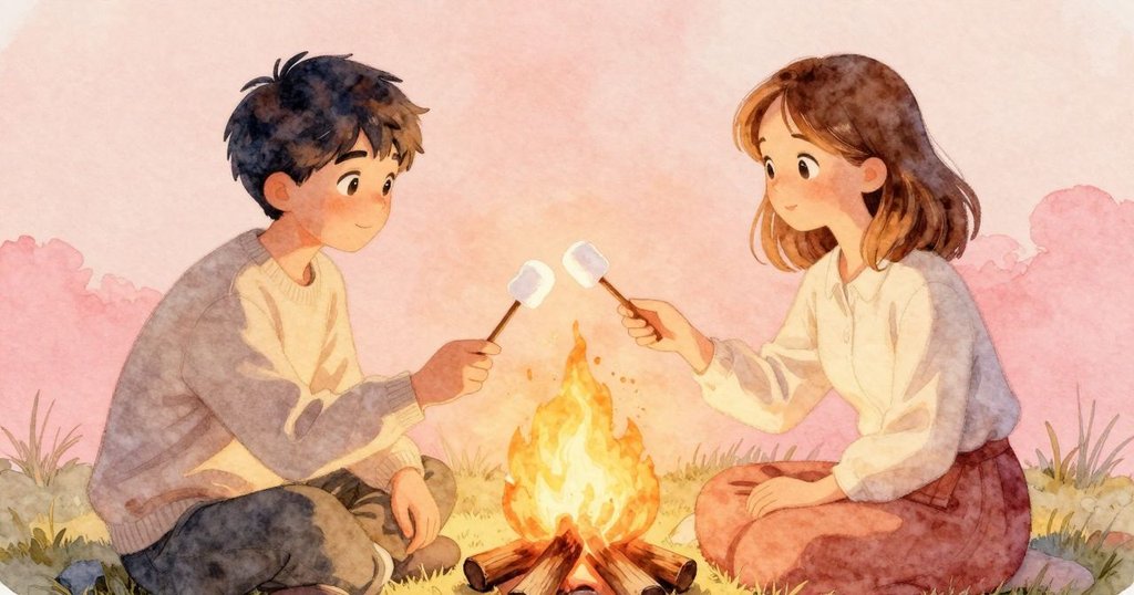 Britt輕遞棉花糖棒，Ives低鳴回應，兩人於營火旁交換默契和溫情，情感自然流露。