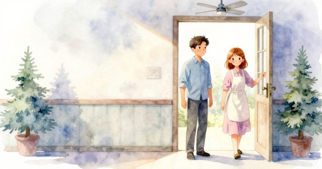 Jonas進入工作室，遇見整理托盤的Harriet，室內充滿冰藍晨光與雪白地板，洋溢著溫暖而寧靜的氣息