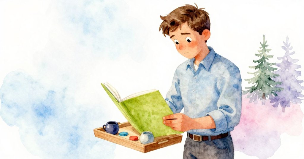 Jonas細心打開文件夾，展示檸檬綠紙上擺放著蕨類、鑰匙與羽毛，光線柔和，細節豐富