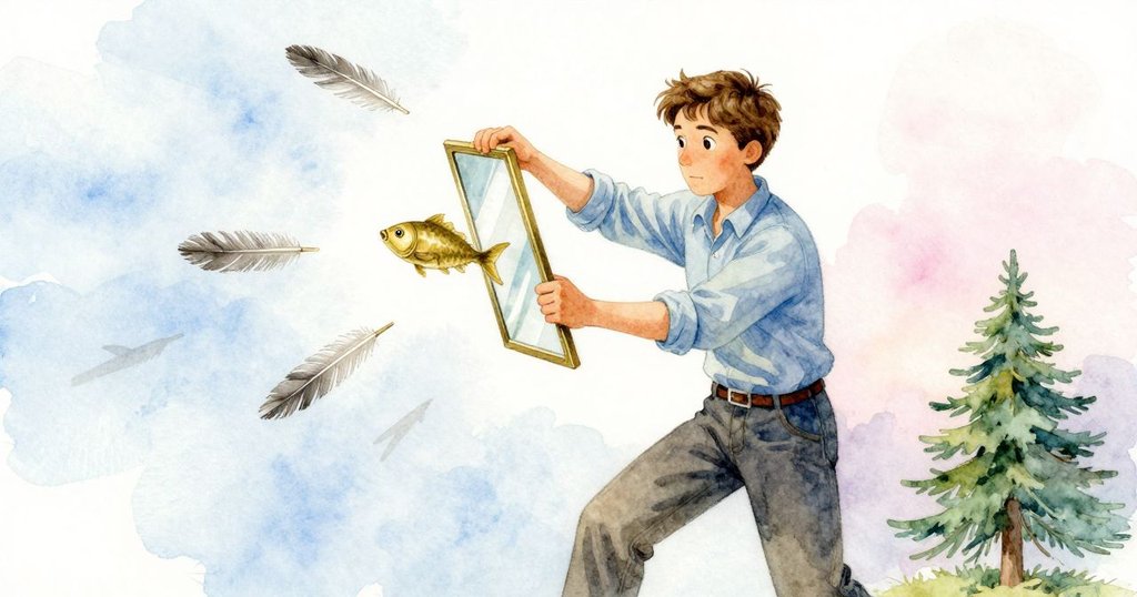 Jonas驚訝中翻動玻璃框，黃銅魚與羽毛在微風吹拂下扭曲移動，畫面充滿動感與曖昧影子