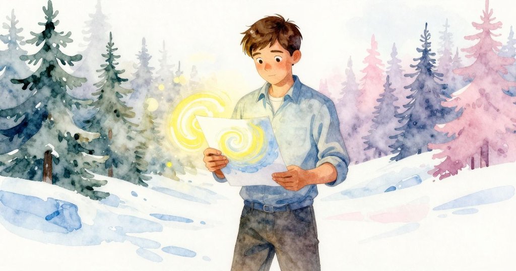 Jonas持紙觀察變色印刷效果，紙上黃藍漩渦交織，現實與幻想並肩展開，充滿神秘感