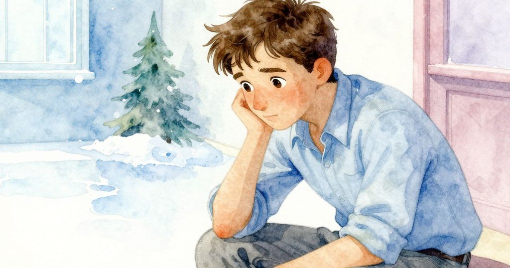 Jonas特寫面部表情透出內心掙扎與反思，背景朦朧呈現變色紙張，光影柔和溫暖