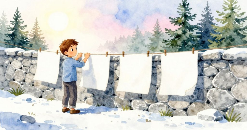 Jonas後退觀察掛繩上乾燥紙張，背景石牆與鋪路展現故事延續，畫面明亮而溫馨