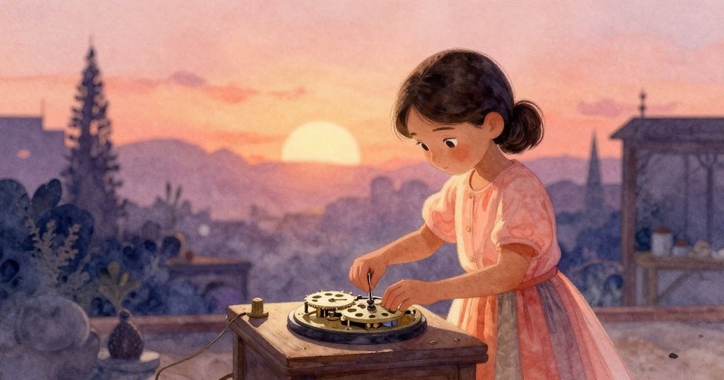 在鐘樓內，雅斯敏正調整機械，晨霧籠罩，牆上反射著暖光，擺錘緩慢擺動展現寧靜氣氛