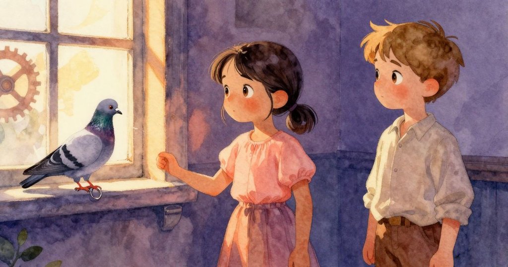 透過窗戶看見一隻鴿子停在窗台上，金屬環閃爍著光芒，室內古老鐘錶機械隱約映出溫暖曙光