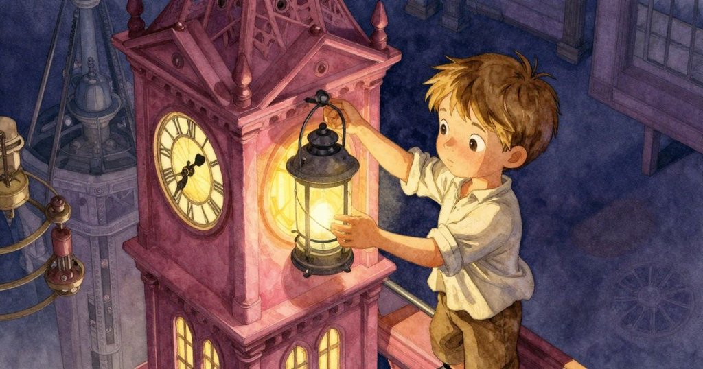 基特在鐘樓內高處調整燈盞，光線溫暖照射機械細節，整體場景展現古老機械之美與專注工作情景