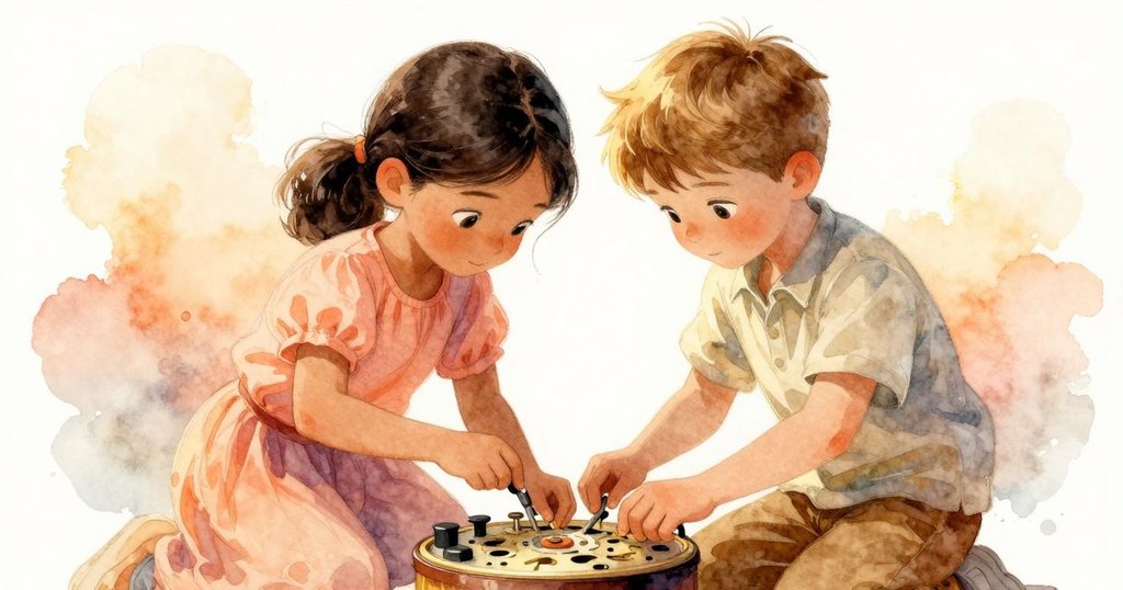 雅斯敏與基特共同操作鐘錶機械，互動協調，表情專注，室內燈光暖和，呈現出默契與協作的瞬間