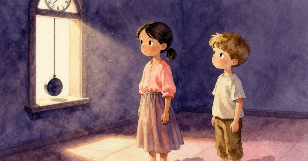 鐘樓全景展示空窗台及擺動鐘擺，燈光柔和，塵埃微舞，表現出一種平靜收尾與情緒沉澱的場景