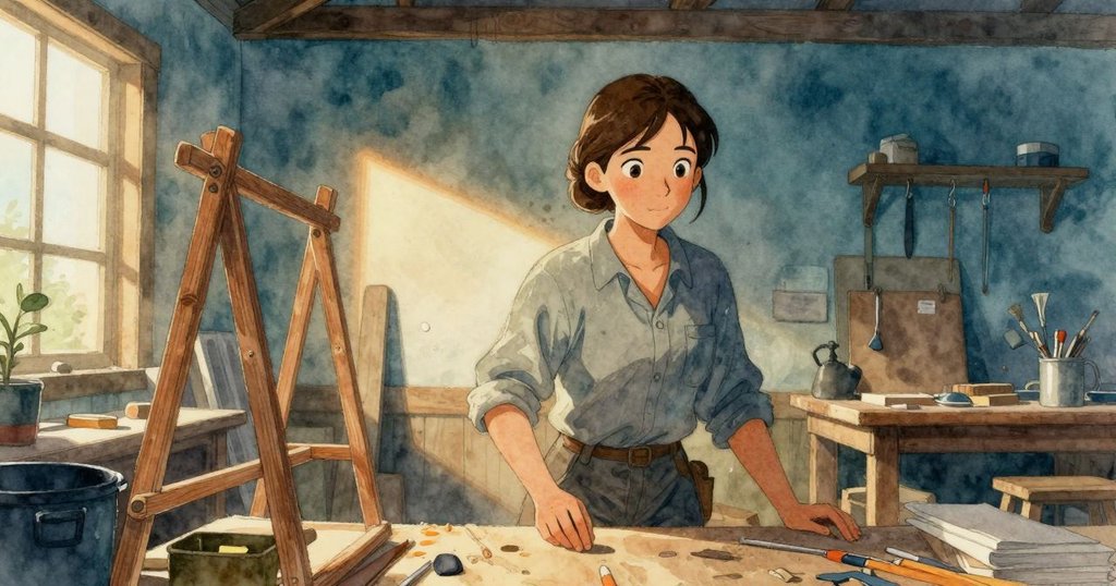 Vita走進溫暖工作室，陽光灑在牆面上，晾衣架和木板清晰呈現，背景充滿早晨光芒，神情期待