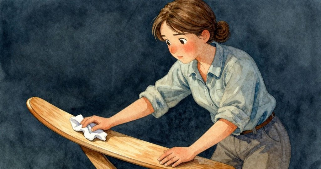 近距離展示木板紋理與濕棉布，長木夾正夾取布料，細節豐富，光線柔和，呈現溫暖質感