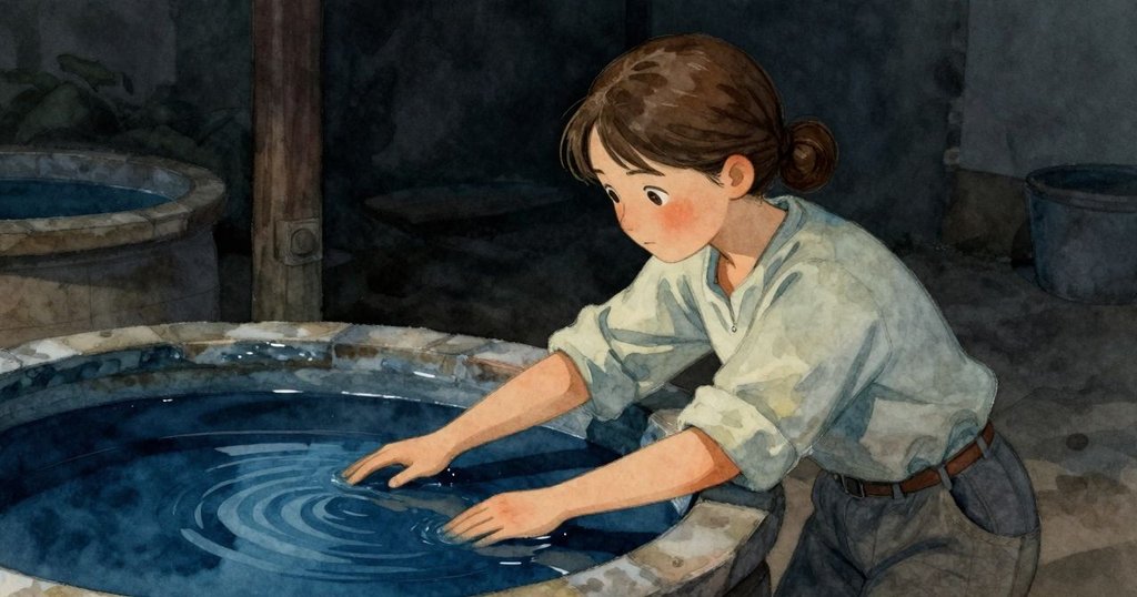 Vita彎腰仔細觀察充滿靛藍液體的缸，液面映出淡藍光芒，神情專注好奇，室內氣氛靜謐