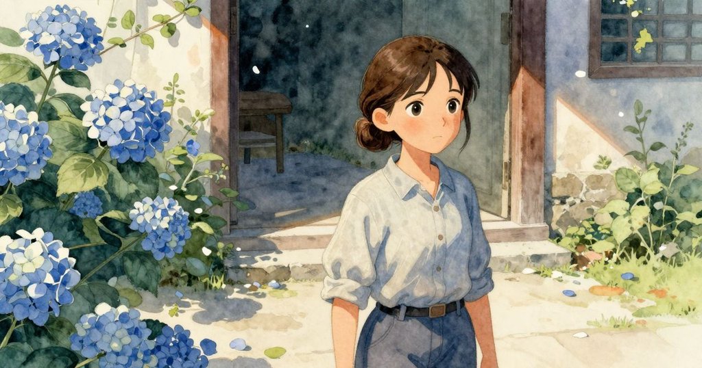 室外庭院在明亮陽光下，繽紛繡球花瓣隨藤蔓輕舞，門口附近樹枝搖曳，營造出自然平和景象