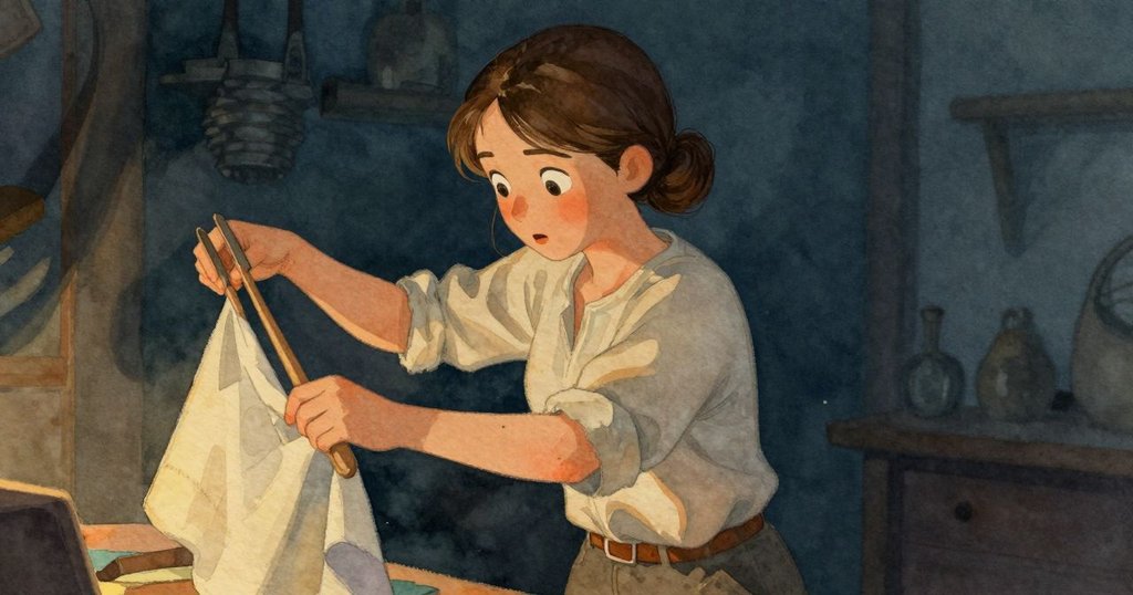 Vita見布料突變色驚訝後縮，夾子高舉，神情矛盾且緊張，室內光影強烈展現內心掙扎