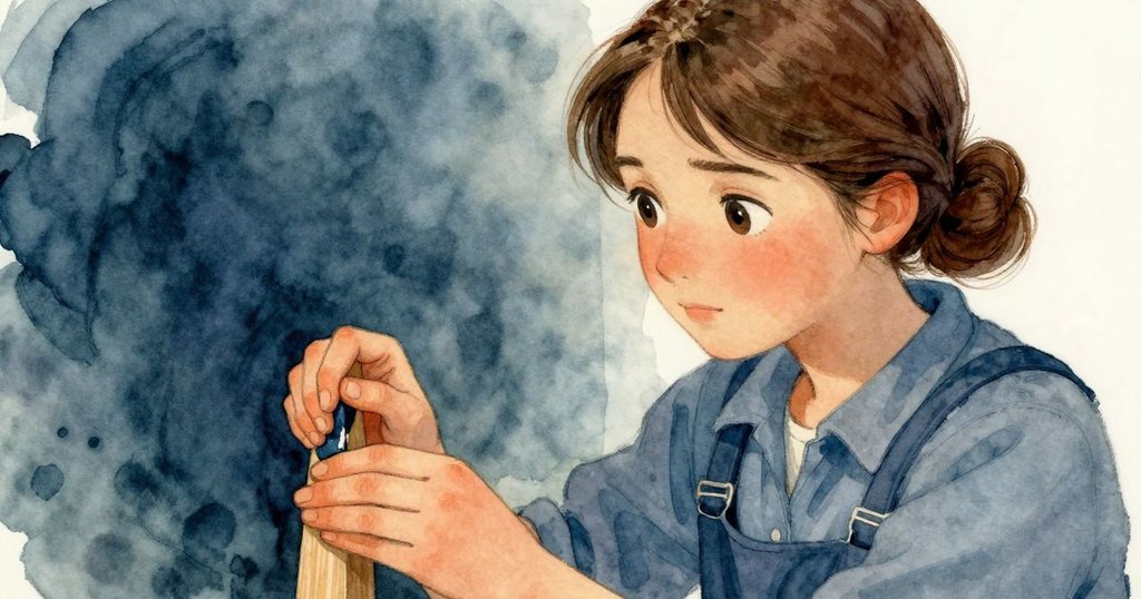 Vita輕輕擦拭木質扣子上靛藍污跡，手勢悠然，神情平靜展現解決後的勝利感，環境細節溫柔