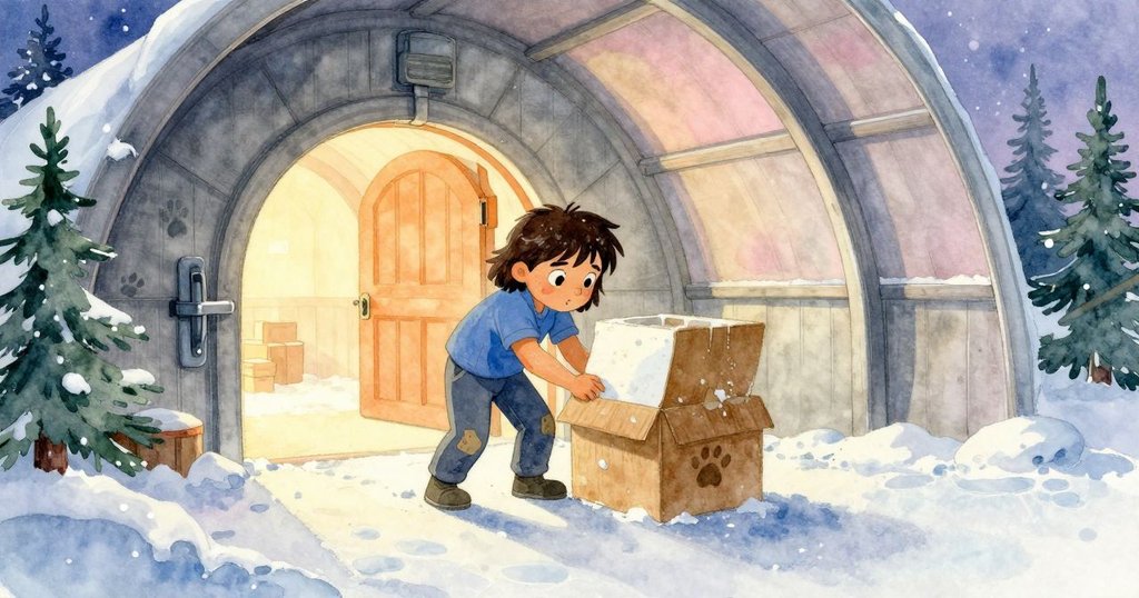 帕蘿瑪站在拱形工廠內，注視砂地上明顯的爪痕與模具盒，背景橘色大門散發溫暖光芒，神秘且專注。