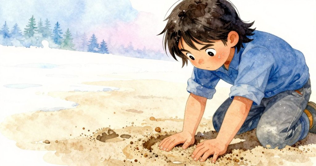 帕蘿瑪低頭檢查黏濕砂地上的爪痕，手指按壓留下清晰痕跡，表情充滿好奇與決心。