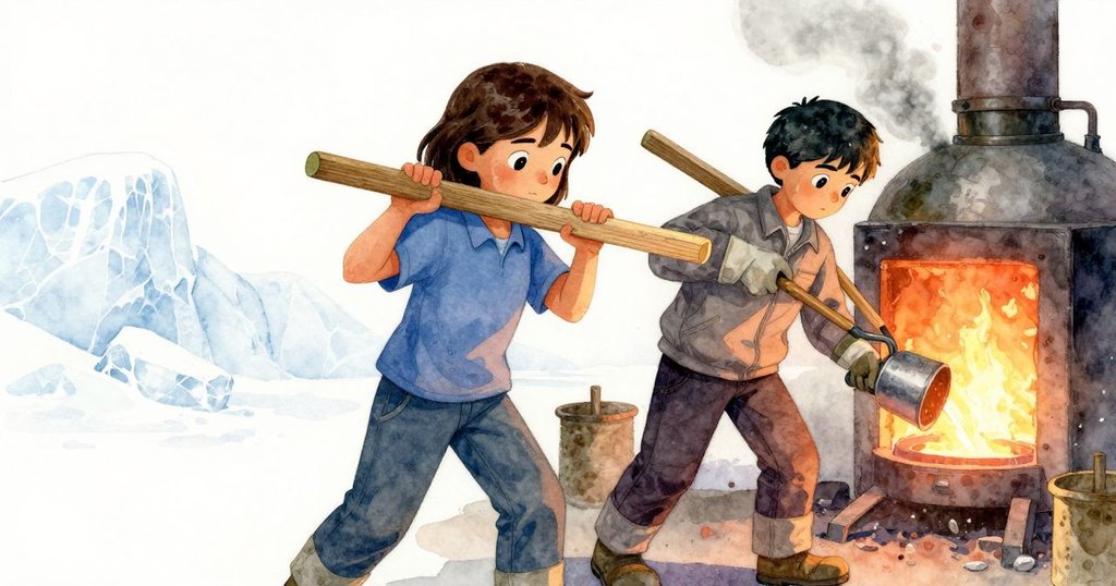 帕蘿瑪與埃弗瑞特在澆鑄站忙碌，帕蘿瑪運送木框，埃弗瑞特倒出熔鐵，現場充滿動感與溫暖光芒。