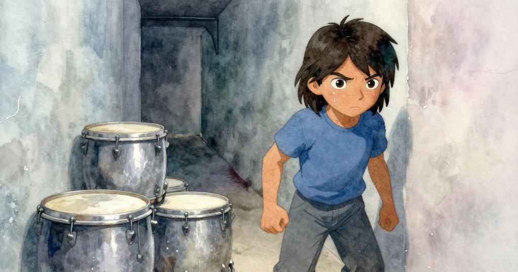 帕蘿瑪在狹小走道中停步，注視牆縫間略過的赤褐毛影，背景有疊放廢鼓與石牆，氛圍神秘。