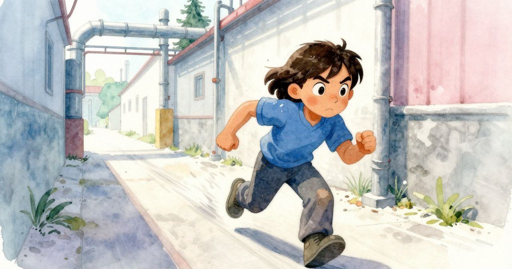 帕蘿瑪在狹窄走道中急速趕路，目光緊盯淡赤毛跡，步伐充滿緊張與活力，背景物件模糊。