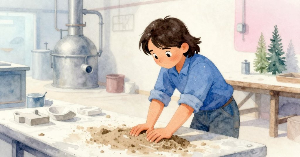 帕蘿瑪在模具工作台前靜謐操作，新砂面上留下深刻拇指印，周圍柔和光線營造平和結局。