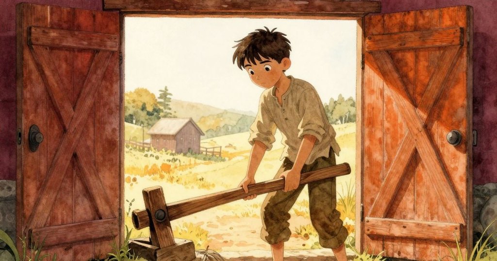 Kit在古老磨坊外調整木質槓桿，晨光照射下充滿神秘感，並展現磨坊外部風貌，充滿期待與專注的情緒。