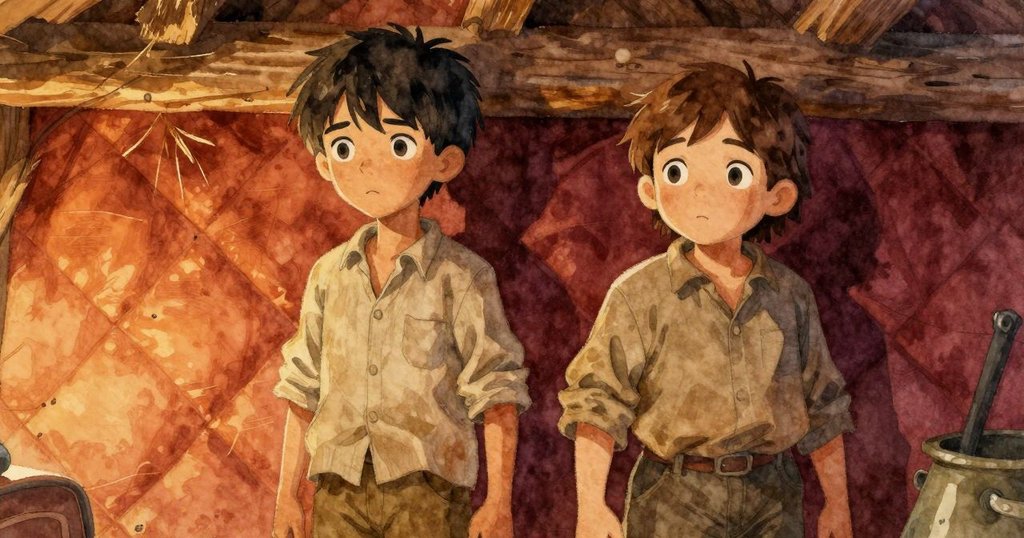 一塊顫動的拼布布料，細節豐富的稻草在陽光下閃爍，展示磨坊內部溫暖懷舊的氛圍。