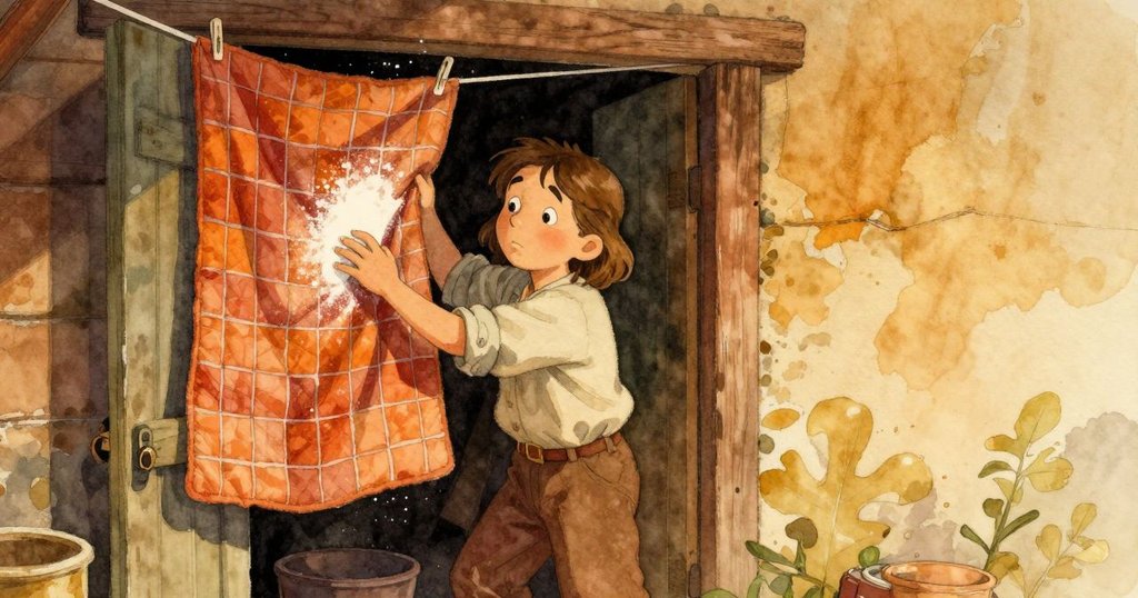 Bram從開著的門內緩步而入，拂去袖上的麵粉，抬頭細看高懸的拼布，流露好奇與疑惑的情緒。