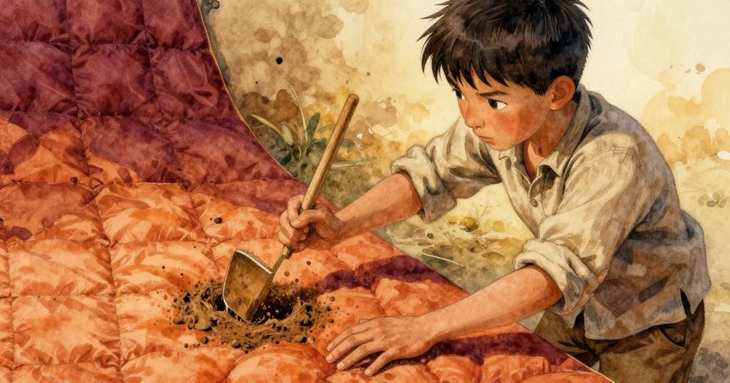 Kit爬上凳子輕敲拼布，泥土隨之剝落露出隱藏的鳥巢，畫面細節豐富，流露出驚喜的神情。