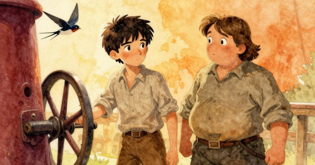 Kit下凳回到槓桿旁，Bram在一旁注視並共享驚奇，頭頂燕子掠過，展現磨坊內部的溫情團聚。